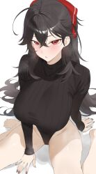 1girl absurdres ahoge black_sweater blush breasts brown_hair byeon_dha commission hair_between_eyes hair_ribbon highres large_breasts long_hair looking_at_viewer no_pants raven_branwen red_eyes red_ribbon ribbon rwby simple_background sitting solo sweater thighhighs very_long_hair wariza white_background
