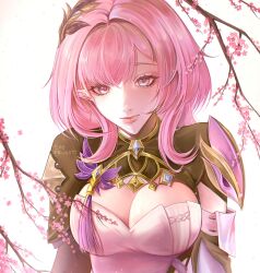 Rule 34 | 1girl, blue eyes, breasts, cherry blossoms, cleavage, corset, elf, elysia (honkai impact), elysia (miss pink elf) (honkai impact), frus27t, hair ornament, hashtag-only commentary, highres, honkai (series), honkai impact 3rd, large breasts, long hair, looking at viewer, pink hair, pointy ears, shrug (clothing), solo, upper body, white corset