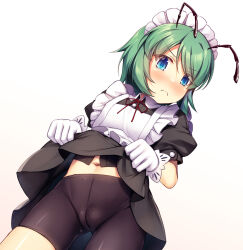 Rule 34 | 1girl, alternate costume, antennae, apron, bike shorts, black shorts, blue eyes, blush, cameltoe, chima q, closed mouth, clothes lift, commentary request, cowboy shot, dress, dress lift, dutch angle, enmaided, eyes visible through hair, flat chest, frilled apron, frills, frown, gloves, green hair, hair between eyes, highres, looking at viewer, maid, maid headdress, navel, neck ribbon, nose blush, puffy short sleeves, puffy sleeves, red ribbon, ribbon, short hair, short sleeves, shorts, simple background, solo, swept bangs, touhou, v-shaped eyebrows, white apron, white background, white gloves, wriggle nightbug
