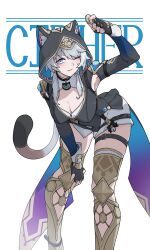 1girl absurdres animal_ear_fluff animal_ears animal_hood belt black_gloves black_leotard blue_eyes boots breasts cat_ears cat_girl cat_hood cat_tail character_name cipher_(honkai:_star_rail) cleavage coin commentary fingerless_gloves gloves gold_boots gold_coin grey_hair highres holding holding_coin honey_boba honkai:_star_rail honkai_(series) hood large_breasts leotard mole mole_on_breast one_eye_closed parted_lips short_hair_with_long_locks simple_background solo tail thigh_belt thigh_strap thighs white_background