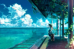 1girl 2girls black_skirt black_socks blue_sky brown_hair cloud cloudy_sky commentary cumulonimbus_cloud day english_commentary hair_over_one_eye hat hayateluc highres long_hair multiple_girls ocean original outdoors plant railroad_tracks scenery shirt short_sleeves sign skirt sky socks solo standing submerged suitcase sun_hat tactile_paving train_station vines water white_shirt wide_shot