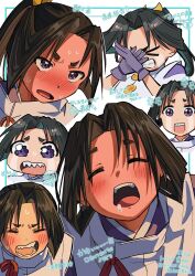 Rule 34 | &gt; &lt;, + +, 1boy, black hair, blush, border, bow, chibi, chibi inset, clenched teeth, closed eyes, closed mouth, covering own mouth, crying, curtained hair, dot mouth, drooling, drunk, full-face blush, furrowed brow, gloves, green border, highres, houjou tokiyuki (nige jouzu no wakagimi), inset border, japanese clothes, kariginu, kimi1322053, long hair, looking at viewer, looking up, male focus, multiple views, nige jouzu no wakagimi, nose blush, open mouth, outside border, parted bangs, ponytail, purple eyes, purple gloves, raised eyebrows, rectangular mouth, saliva, scene reference, sharp teeth, sidelocks tied back, simple background, streaming tears, sweat, sweatdrop, tears, teeth, upper teeth only, v-shaped eyebrows, wavy eyes, white background, wide-eyed, x arms