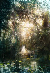 absurdres day fern highres leaf lily_pad nao1524 nature no_humans original outdoors plant pond reflection reflective_water ripples ruins scenery sunlight tree water