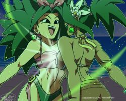2girls back bahnloopi beach bikini black_hair blue_sky breast_press breasts caulifla dark-skinned_female dark_skin dragon_ball dragon_ball_super earrings fusion fusion_dance hair_ornament happy jewelry kale_(dragon_ball) large_breasts multiple_girls ocean ponytail potara_earrings signature sky smile swimsuit