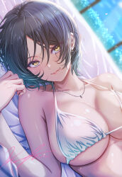 Rule 34 | 1girl, bikini, black hair, blush, breasts, collarbone, commentary request, dutch angle, halterneck, hayami kanade, highres, idolmaster, idolmaster cinderella girls, jewelry, koya (koya x 00), large breasts, looking at viewer, lying, necklace, on back, short hair, signature, skindentation, smile, solo, string bikini, swimsuit, upper body, white bikini, yellow eyes