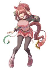 1girl 418tiger ;d absurdres ahoge animal_ears black_pantyhose breasts brown_eyes brown_hair checkered_ribbon commentary dantsu_flame_(umamusume) ear_covers highres horse_ears horse_girl horse_tail large_breasts looking_at_viewer midriff multicolored_hair navel one_eye_closed open_mouth pantyhose pink_shoes pink_shorts shirt shoes shorts simple_background smile sneakers solo tail tied_shirt umamusume white_background white_hair