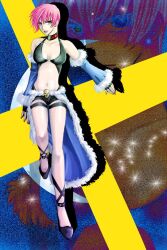 1girl black_shoes black_shorts black_tank_top blue_background blue_cape blue_sleeves breasts cape closed_mouth clothing_cutout commentary_request detached_sleeves earrings full_body fur-trimmed_cape fur-trimmed_sleeves fur_trim green_eyes jewelry lips looking_at_viewer medium_breasts navel pink_hair ragnarok_online shoes short_hair short_shorts shorts simpatiaein smile solo stalker_(ragnarok_online) stomach_cutout stud_earrings tank_top waist_cape zoom_layer
