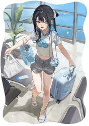 1girl absurdres bag bandaid bandaid_on_knee bandaid_on_leg bare_legs black_hair blue_eyes blush border chair commentary crop_top cropped_shirt full_body grey_shorts hair_between_eyes hair_bun hair_ornament hair_scrunchie hairclip highres holding holding_bag indoors legs long_hair looking_at_viewer lower_teeth_only mashiro_kta midriff navel one_side_up open_mouth original outside_border plant plastic_bag potted_plant rolling_suitcase sandals scrunchie shirt shoes shopping_bag short_shorts short_sleeves shorts side_ponytail sidelocks smile solo standing standing_on_one_leg suitcase sweat t-shirt teeth tile_floor tiles toes white_border white_shirt white_shoes window