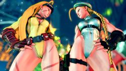 2girls 3d absurdres alternate_color alternate_costume alternate_hairstyle antenna_hair bare_shoulders blonde_hair blue_eyes braid breasts cameltoe cammy_white covered_navel curvy gloves hand_on_own_hip hat highleg highleg_leotard highres leotard lips long_hair looking_at_another medium_breasts multiple_girls multiple_persona official_alternate_costume ryona screencap shiny_clothes smile street_fighter street_fighter_v thighs third-party_edit thong_leotard twin_braids very_long_hair white_leotard wide_hips