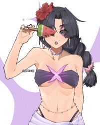 1girl absurdres bikini black_hair braid breasts bug butterfly food fruit highres insect long_hair marvel marvel_rivals medium_breasts psylocke purple_eyes solo swimsuit watermelon wokiiarts x-men