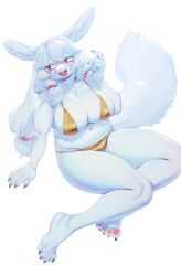 animal_ears animal_nose bikini body_fur breasts fingernails furry furry_female giant_ojou-sama gold_bikini golden_week highres inuki_(aruurara) large_breasts open_mouth rabbit_ears red_eyes sharp_fingernails shiny_swimsuit sumire_(giant_ojou-sama) swimsuit white_fur
