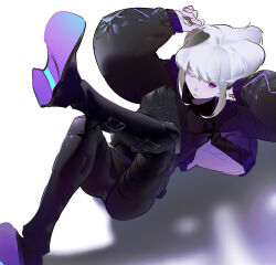 1boy androgynous belt black_boots black_jacket black_pants boots closed_mouth colored_eyelashes down_jacket grey_hair highres jacket km_(ksolee1201) leg_belt lio_fotia looking_at_viewer lying male_focus multiple_belts on_back one_eye_closed pants promare purple_eyes shadow short_hair solo thigh_belt thigh_strap