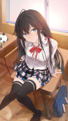 1girl absurdres ahoge bag black_hair black_thighhighs blue_eyes breasts chair classroom closed_mouth collared_shirt desk ebonvow foot_out_of_frame hair_ribbon highres indoors knees_together_feet_apart light_blush long_hair long_sleeves looking_at_viewer miniskirt neck_ribbon on_desk plaid_clothes plaid_skirt pleated_skirt red_ribbon ribbon school_bag school_chair school_desk school_uniform shirt signature sitting skirt small_breasts sobu_high_school_uniform solo stuffed_animal stuffed_panda stuffed_toy thighhighs white_shirt window wooden_floor yahari_ore_no_seishun_lovecome_wa_machigatteiru. yukinoshita_yukino zettai_ryouiki