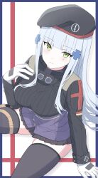 Rule 34 | 1girl, :3, absurdres, beret, black skirt, blue hair, blush, breasts, cross, facepaint, from above, german flag, girls&#039; frontline, gloves, green eyes, hair ornament, hairclip, hand on own chest, hand up, hat, highres, hk416 (girls&#039; frontline), iron cross, jacket, long hair, looking at viewer, looking up, medium breasts, miniskirt, pleated skirt, sitting, skindentation, skirt, solo, teardrop, thighhighs, thighs, uchikata takeaki, very long hair, white gloves, white hair