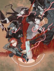 Rule 34 | 6+boys, :d, ahoge, akutagawa ryuunosuke (bungou to alchemist), antenna hair, black boots, black vest, blush, book, boots, braid, brooch, bungou to alchemist, buttons, cape, closed mouth, collared shirt, covered eyes, covering own eyes, crossed bangs, crying, crying with eyes open, dan kazuo (bungou to alchemist), dazai osamu (bungou to alchemist), double-breasted, facing away, falling, fingerless gloves, full body, fur-trimmed kimono, fur trim, gloves, grey shirt, hair between eyes, hand on own face, hand up, highres, holding, holding book, japanese clothes, jewelry, kikuchi kan (bungou to alchemist), kimono, kimono on shoulders, knee boots, light particles, long hair, long sleeves, looking at viewer, low ponytail, male focus, multiple boys, nervous, oda sakunosuke (bungou to alchemist), open mouth, orange background, pants, parted bangs, parted lips, partially colored, pink snake, pinstripe pattern, pinstripe shirt, plant, ponytail, potatoincurry, red hair, red kimono, sakaguchi ango (bungou to alchemist), shirt, short hair, sideways glance, single braid, smile, snake, sweatdrop, swept bangs, tears, upper body, upside-down, vest, vines, white pants, yellow eyes, zipper