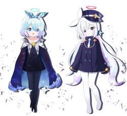 2girls :&lt; :d alternate_costume alternate_hairstyle arona_(blue_archive) black_eyes black_jacket black_shirt black_skirt blue_archive blue_eyes blue_hair blue_halo blue_necktie blush bow braid cape closed_mouth colored_inner_hair commentary cookie_run cookie_run:_kingdom cosplay english_commentary full_body hair_bow hair_ornament hair_over_one_eye hairband halo hat highres iisa111111 jacket long_hair long_sleeves looking_at_viewer milky_way_cookie milky_way_cookie_(cosplay) mismatched_pupils multicolored_hair multiple_girls necktie no_shoes open_mouth pantyhose peaked_cap pink_hair plana_(blue_archive) pleated_skirt red_halo red_pupils shirt short_hair simple_background single_braid skirt sleeves_past_fingers sleeves_past_wrists smile standing star_(symbol) star_hair_ornament stardust_cookie stardust_cookie(cosplay) very_long_hair white_background white_bow white_hair white_pantyhose