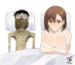 Rule 34 | 1boy, 1girl, absurdres, ayase momo, bed, black hair, breasts, brown eyes, brown hair, couple, dandadan, drying, drying body, earrings, glasses, hachi (chisano hako), highres, jewelry, large breasts, meme, signature, takakura ken (dandadan)