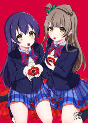 2girls absurdres anemone_(flower) anemone_heart black_socks blue_hair blue_jacket blue_skirt blunt_bangs bow breasts brown_hair cardigan embarrassed flower green_bow hair_between_eyes hair_bow highres holding holding_flower jacket light_blush long_hair looking_at_viewer love_live! love_live!_school_idol_project medium_breasts minami_kotori miniskirt mouth_hold multiple_girls no_shoes open_mouth ozawasan0930 petal_in_mouth petals pleated_skirt red_background red_flower red_petals red_ribbon ribbon shadow shirt side_ponytail sidelocks signature simple_background sitting skirt socks sonoda_umi tareme very_long_hair wariza white_shirt yellow_cardigan yellow_eyes