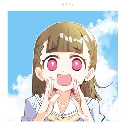 1girl :d blue_dress blue_sky border braid brown_hair center-flap_bangs cloud collarbone commentary day dress hasu_no_sora_school_uniform highres kachimachi_kosuzu kanduki_kamibukuro link!_like!_love_live! looking_at_viewer love_live! neckerchief open_mouth pink_eyes sailor_collar sailor_dress school_uniform shouting_with_hands side_braids sky smile solo straight-on summer_uniform virtual_youtuber white_border white_sailor_collar yellow_neckerchief