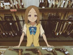 1girl artist_name asagumo_chihaya blue_bow blue_bowtie bow bowtie brown_hair commentary counter english_commentary english_text evve_(fok_illust) forehead gun handgun highres long_hair looking_at_viewer make_heroine_ga_oo_sugiru! parted_bangs photo-referenced photo_background revolver rifle school_uniform shiny_forehead shirt shop short_sleeves smile solo sweater_vest twitter_username upper_body weapon white_shirt yellow_sweater_vest