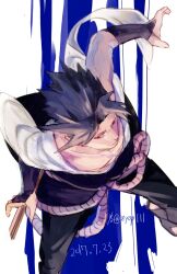Rule 34 | 1boy, black hair, black pants, blue background, chokutou, closed mouth, male focus, naruto (series), naruto shippuuden, ninja, pants, red eyes, sharingan, shirt, short hair, solo, spiked hair, two-tone background, uchiha sasuke, white background, white shirt, zifletts