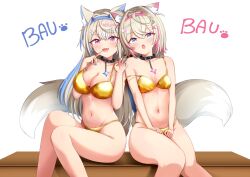2girls absurdres animal_ears bare_shoulders bikini black_collar blonde_hair blue_eyes blue_hair blue_hairband breasts collar dog_ears dog_girl dog_tail fang fuwawa_abyssgard gold_bikini hairband highres hololive hololive_english large_breasts long_hair mococo_abyssgard multicolored_hair multiple_girls navel pink_eyes pink_hair pink_hairband short_hair siblings sisters sitting skin_fang small_breasts streaked_hair swimsuit tail twins two-tone_hair two_side_up virtual_youtuber yoruhanamai
