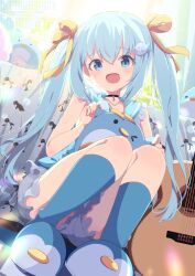 Rule 34 | 1girl, :d, absurdres, animal slippers, bare arms, bare shoulders, black choker, bloomers, blue eyes, blue hair, blue sailor collar, blue shirt, blue shoes, blue socks, blush, bow, choker, collarbone, commission, couch, day, fish hair ornament, frilled sailor collar, frills, guitar, hair between eyes, hair bow, hair ornament, hair ribbon, highres, indoors, instrument, kneehighs, knees up, long hair, looking at viewer, on couch, one eye closed, open mouth, original, ribbon, sailor collar, shiro9jira, shirt, shoes, shorts, sitting, skeb commission, sleeveless, sleeveless shirt, slippers, smile, socks, solo, stuffed animal, stuffed toy, twintails, underwear, very long hair, watermark, white bloomers, window, yellow bow, yellow ribbon
