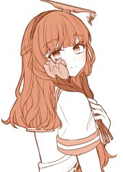 Rule 34 | 1girl, blush, brown theme, closed mouth, commentary, de ruyter (kancolle), eyelashes, flower, hairband, headgear, highres, holding, holding flower, kantai collection, long hair, looking at viewer, monochrome, nagi kantai114, sailor collar, school uniform, serafuku, short sleeves, simple background, solo, symbol-only commentary, tulip, upper body