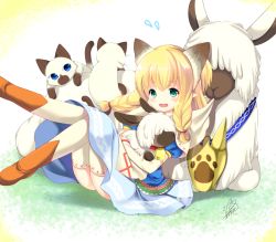 1girl animal animal_ears azuma_yuki bad_id bad_pixiv_id blonde_hair cat cat_ears extra_ears felyne female_focus green_eyes long_hair meowstress monster_hunter_(series) monster_hunter_x moofah mufa nekojo palico pointy_ears ponytail short_ponytail sidelocks solo thighhighs