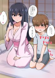 1boy 1girl age_difference bad_id bad_twitter_id barefoot bed black_hair black_shorts blue_shirt blush breasts brown_eyes brown_hair cleavage collarbone commentary_request futon grey_eyes heart height_difference highres japanese_clothes kimono kneeling large_breasts long_hair open_mouth original pink_kimono raised_eyebrows senshiya shirt short_hair shorts shouji sitting sliding_doors speech_bubble sweat t-shirt tatami thought_bubble translation_request