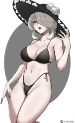 1girl absurdres bare_shoulders bikini black_bikini black_hat blush breasts cleavage cogita_(pokemon) collarbone green_eyes grey_hair hair_over_one_eye hat highleg highleg_bikini highres hioyami large_breasts looking_at_viewer mature_female nintendo pokemon pokemon_legends:_arceus smile solo sun_hat swimsuit thighs