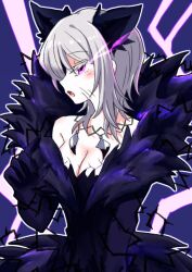 Rule 34 | 1girl, :o, animal ears, barbed wire, breasts, cleavage, coat, e.g.o (project moon), electricity, fang, faust (project moon), fur trim, gloves, jewelry, limbus company, looking at viewer, myomyomyo114, necklace, open mouth, project moon, purple background, purple coat, purple eyes, purple gloves, short hair, simple background, solo, telepole (e.g.o), tooth necklace, upper body, white hair, wolf ears