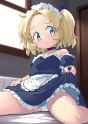 1girl apron bare_shoulders blonde_hair blue_choker blue_dress blue_eyes blue_ribbon blurry blurry_background choker closed_mouth collarbone cream_pie_(nijiura_maids) croixsan door dress eyes_visible_through_hair flat_chest frilled_apron frills futaba_channel hair_ribbon heart heart_choker indoors maid maid_headdress nijiura_maids panties ribbon short_hair sitting smile solo thick_eyebrows underwear waist_apron white_apron white_panties window