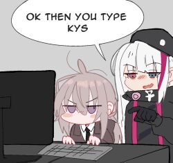 2girls black_hat black_jacket black_necktie blue_eyes blush_stickers brown_hair brown_jacket computer computer_keyboard english_text girls&#039;_frontline hat jacket m200_(girls&#039;_frontline) mdr_(girls&#039;_frontline) monitor multiple_girls necktie pointing_at_object red_eyes red_hair shirt smart_oval speech_bubble table white_hair white_shirt
