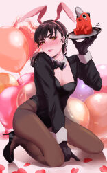 1girl absurdres animal_ears balloon black_bow black_bowtie black_gloves black_hair black_jacket black_leotard black_shoes blush bow bowtie breasts brown_eyes brown_pantyhose chainsaw_man cleavage closed_mouth commentary_request fake_animal_ears gloves hairband high_heels highleg highleg_leotard highres holding holding_tray jacket leotard long_hair mitaka_asa nose_blush pantyhose pink_hairband pochita_(chainsaw_man) rabbit_ears sharaku7878 shoes small_breasts tray