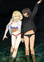 Rule 34 | 2girls, abs, andou (girls und panzer), arm up, artist request, bare legs, bikini, bikini under clothes, black bikini, black hair, black sweater, blonde hair, blue eyes, brown eyes, girls und panzer, groin, hand up, holding hands, in water, long bangs, long sleeves, medium hair, midriff, midriff peek, multiple girls, navel, night, night sky, open clothes, open mouth, open shirt, oshida (girls und panzer), short hair, sky, sweater, swimsuit, yuri
