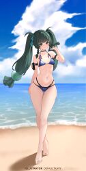 1girl absurdres alternate_costume android armband artist_name barefoot beach beads bikini black_armband black_choker blue_bikini blue_sky braid braided_sidelock breasts choker closed_mouth cloud collarbone day defaultkavy full_body green_eyes green_hair green_ribbon hair_beads hair_intakes hair_ornament hair_ribbon halterneck highres horizon long_hair looking_at_viewer multi-strapped_bikini_bottom navel ocean outdoors police_badge qingyi_(zenless_zone_zero) ribbon sand shore side_braids skindentation sky small_breasts smile solo standing string_bikini swimsuit thigh_gap thighs tiptoes twintails zenless_zone_zero