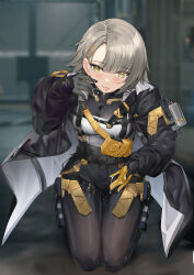 1girl 463_jun absurdres ammunition_pouch belt black_gloves blush breasts cum cum_in_mouth cum_on_body cum_on_hands girls&#039;_frontline girls&#039;_frontline_2:_exilium gloves grey_hair highres jacket kneeling long_hair looking_at_viewer medium_breasts panties pouch skindentation solo thigh_gap thigh_pouch thigh_strap tongue tongue_out underwear vector_(girls&#039;_frontline) yellow_eyes