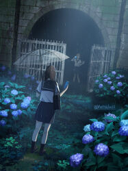 2girls bag black_sailor_collar black_shoes black_skirt black_socks bush cellphone commentary_request flower gate grass highres holding holding_phone holding_umbrella hydrangea loafers matsuba10 multiple_girls original phone rain sailor_collar school_bag school_uniform serafuku shoes short_sleeves skirt smartphone socks standing transparent_background tunnel umbrella waving