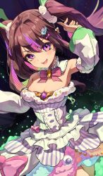 1girl bow breasts brown_hair cleavage detached_collar detached_sleeves dress dress_bow frilled_dress frills gradient_hair hair_ornament hairclip highres kuronyan9630 long_hair looking_at_viewer medium_breasts monster_strike multicolored_hair nightmare_(monster_strike) open_mouth pink_hair polka_dot_hair purple_eyes purple_hair streaked_hair twintails