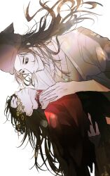 Rule 34 | 2boys, aaawwwssslll, black eyes, black hair, black hanfu, black hat, blood, blood on neck, carrying, carrying person, chinese clothes, chinese commentary, closed eyes, closed mouth, coat, coin, coin mask, dao gui yi xian, floating hair, hair down, hand on another&#039;s neck, hanfu, hat, highres, holed coin, injury, jin (headwear), li huowang, long hair, long sleeves, looking at another, looking down, male focus, mask, messy hair, mouth veil, multiple boys, red coat, robe, scar, scar on neck, simple background, torn clothes, upper body, veil, white background, white hanfu, wide sleeves, yaoi, zhouzi jin (headwear), zhuge yuan