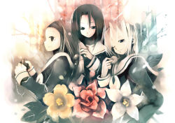 3girls black_eyes black_hair black_hairband blue_eyes brown_eyes brown_hair closed_mouth flower hairband kei_(keigarou) lillian_girls&#039;_academy_school_uniform long_sleeves maria-sama_ga_miteru mizuno_youko multiple_girls neckerchief one_eye_closed parted_lips red_flower sailor_collar satou_sei school_uniform short_hair sideways_mouth smile torii_eriko white_flower white_hair white_neckerchief white_sailor_collar yellow_flower