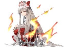1girl :| baggy_pants blunt_bangs bow bright_pupils closed_mouth collared_shirt commentary fire from_side fujiwara_no_mokou full_body grey_hair hair_bow hand_on_arm highres long_hair long_sleeves looking_at_viewer nanataru10 one-hour_drawing_challenge pants ponytail red_bow red_eyes red_pants red_shoes shirt shoes socks solo squatting suspenders touhou two-tone_bow very_long_hair white_background white_bow white_pupils white_shirt white_socks