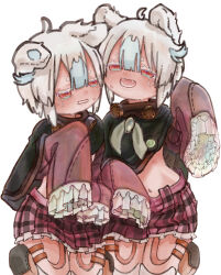 1boy 1girl ahoge animal_ears blush brooch cj6f2lx08scrrc9 extra_nipples fangs frilled_skirt frilled_sleeves frills gas_mask gradient_eyes jewelry made_in_abyss mask mechanical_legs menae_(made_in_abyss) midriff_peek multicolored_eyes multicolored_hair nervous_sweating one_eye_narrowed plaid_clothes plaid_skirt poncho pouch red_eyes sherumi_(made_in_abyss) short_hair siblings skirt sleeves_past_fingers sleeves_past_wrists smile sweat thigh_pouch twins wavy_mouth white_hair