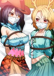 Rule 34 | 2girls, absurdres, bdsm, black hair, blonde hair, bondage, bound, breasts, brown skirt, cleavage, cloth gag, cowboy hat, dragon horns, feathered wings, gag, gagged, hat, highres, horns, improvised gag, kicchou yachie, kikoka (mizuumi), kurokoma saki, lying, midriff, multiple girls, orange eyes, over the nose gag, red eyes, rope, skirt, tatami, touhou, wings