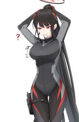 Rule 34 | 1girl, ?, adjusting hair, blue archive, bodysuit, breasts, commentary request, gun, hair tie in mouth, handgun, highres, holster, holstered, large breasts, long hair, mola (mola526), mouth hold, official alternate costume, ponytail, red eyes, ringed eyes, rio (blue archive), rio (bodysuit) (blue archive), solo, thigh holster, translation request, very long hair, weapon