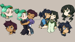 4girls amity_blight belt_collar bikini bikini_top_only black_hair black_rock_shooter blue_eyes brown_eyes brown_hair collar couple cropped_hoodie dan_heron dark-skinned_female dark_skin green_eyes green_hair grey_background hair_pulled_back hood hoodie hug kuroi_mato luz_noceda multicolored_hair multiple_girls short_hair simple_background smile swimsuit symmetry takanashi_yomi the_owl_house twintails two-tone_hair upper_body very_short_hair yellow_eyes yuri