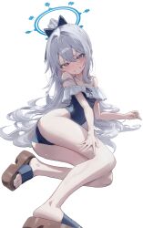 Rule 34 | 1girl, absurdres, ass, blue archive, blue halo, blue one-piece swimsuit, blush, casual one-piece swimsuit, grey hair, hair between eyes, hair intakes, half updo, halo, highres, kerno, legs, long hair, looking at viewer, lying, miyako (blue archive), miyako (swimsuit) (blue archive), nose blush, off-shoulder one-piece swimsuit, off shoulder, official alternate costume, official alternate hairstyle, on side, one-piece swimsuit, purple eyes, sandals, simple background, solo, swimsuit, thighs, toes, white background