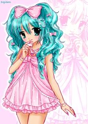 Rule 34 | 1girl, alternate costume, alternate hairstyle, aqua eyes, aqua hair, artist name, bow, bracelet, closed mouth, cowboy shot, dress, frilled bow, frilled dress, frills, gyaru, hair bow, hand up, hatsune miku, heart, heart necklace, highres, hime gyaru, jewelry, kigidere, long hair, long sleeves, nail polish, necklace, pink background, pink bow, pink dress, pink nails, ring, short dress, sleeveless, sleeveless dress, smile, solo, standing, vocaloid, wavy hair, zoom layer
