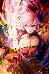 1girl absurdres blue_eyes breasts detached_sleeves dual_wielding earrings fate/grand_order fate_(series) glowing glowing_sword glowing_weapon hair_ornament highres holding holding_sword holding_weapon japanese_clothes jewelry katana kimono large_breasts leaf_earrings leaf_print long_hair looking_at_viewer maple_leaf_print miyamoto_musashi_(fate) miyamoto_musashi_(second_ascension)_(fate) obi open_mouth pink_hair ponytail samurai sash sheath short_kimono sleeveless sleeveless_kimono solo sword weapon yagi_(yagi5art)